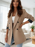 Aurohaya Women's Office Blazer Double-Breasted Pockets Lapel Collar Long Sleeve Elegant Casual Jacket
