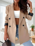 Aurohaya Women's Office Blazer Double-Breasted Pockets Lapel Collar Long Sleeve Elegant Casual Jacket