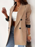 Aurohaya Women's Office Blazer Double-Breasted Pockets Lapel Collar Long Sleeve Elegant Casual Jacket