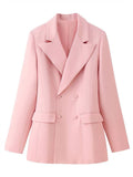 Aurohaya Women's Double-Breasted Blazer Lapel Collar Elegant Vintage Casual Sizeur Jacket