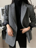 Aurohaya Women's Chevron Wool Blazer with Pockets Oversized Cuffs Chic Casual Office Coat