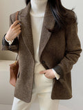 Aurohaya Women's Chevron Wool Blazer with Pockets Oversized Cuffs Chic Casual Office Coat