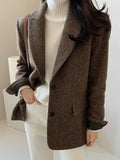 Aurohaya Women's Chevron Wool Blazer with Pockets Oversized Cuffs Chic Casual Office Coat