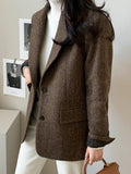 Aurohaya Women's Chevron Wool Blazer with Pockets Oversized Cuffs Chic Casual Office Coat