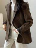 Aurohaya Women's Chevron Wool Blazer with Pockets Oversized Cuffs Chic Casual Office Coat