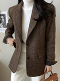 Aurohaya Women's Chevron Wool Blazer with Pockets Oversized Cuffs Chic Casual Office Coat