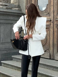 Aurohaya Women's Cutout V-Neck Blazer with Buttons Pockets Elegant Vintage Casual Office Jacket