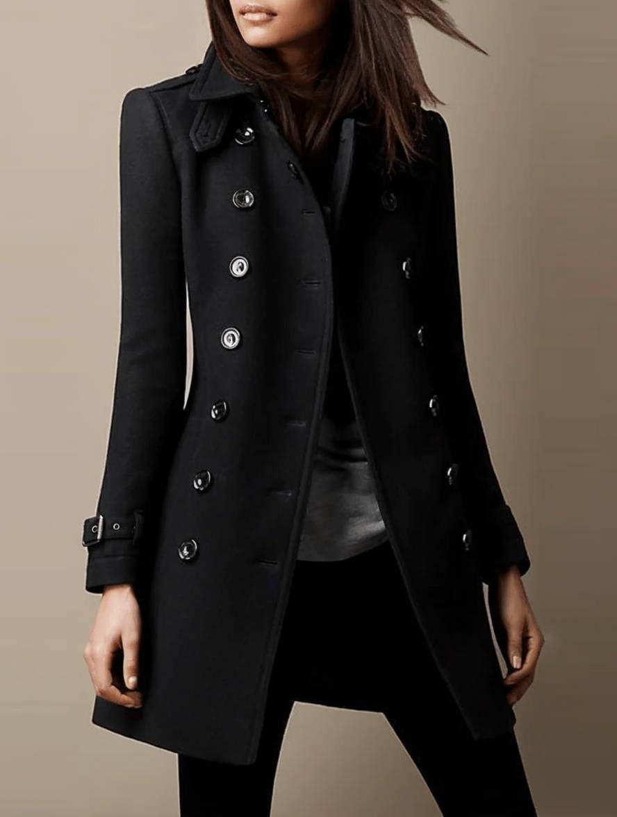 Aurohaya Elegant Wool Double Breasted Officer Coat with Lapel Collar and Long Sleeves for Women Fall Winter Fashionable Military Inspired Jacket