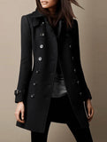 Aurohaya Elegant Wool Double Breasted Officer Coat with Lapel Collar and Long Sleeves for Women Fall Winter Fashionable Military Inspired Jacket
