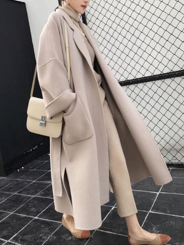 Aurohaya Elegant Long Wool Coat with Side Slit & Belt for Women Chic Fall/Winter Outerwear