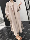 Aurohaya Elegant Long Wool Coat with Side Slit & Belt for Women Chic Fall/Winter Outerwear
