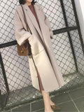 Aurohaya Elegant Long Wool Coat with Side Slit & Belt for Women Chic Fall/Winter Outerwear