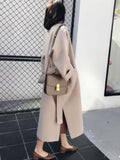 Aurohaya Elegant Long Wool Coat with Side Slit & Belt for Women Chic Fall/Winter Outerwear