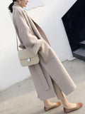 Aurohaya Elegant Long Wool Coat with Side Slit & Belt for Women Chic Fall/Winter Outerwear
