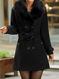 Aurohaya Elegant Women's Wool Coat with Double Breasted, Bow Tie Detail, Belt Pockets Fashion