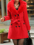Aurohaya Elegant Women's Wool Coat with Double Breasted, Bow Tie Detail, Belt Pockets Fashion