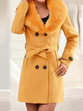 Aurohaya Elegant Women's Wool Coat with Double Breasted, Bow Tie Detail, Belt Pockets Fashion