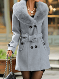 Aurohaya Elegant Women's Wool Coat with Double Breasted, Bow Tie Detail, Belt Pockets Fashion