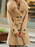 Aurohaya Elegant Women's Wool Coat with Double Breasted, Bow Tie Detail, Belt Pockets Fashion