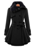 Aurohaya Elegant Double Breasted Faux Fur Collar Midi Coat with Belt for Women Winter Parka