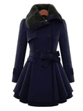 Aurohaya Elegant Double Breasted Faux Fur Collar Midi Coat with Belt for Women Winter Parka