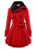 Aurohaya Elegant Double Breasted Faux Fur Collar Midi Coat with Belt for Women Winter Parka