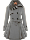 Aurohaya Elegant Double Breasted Faux Fur Collar Midi Coat with Belt for Women Winter Parka