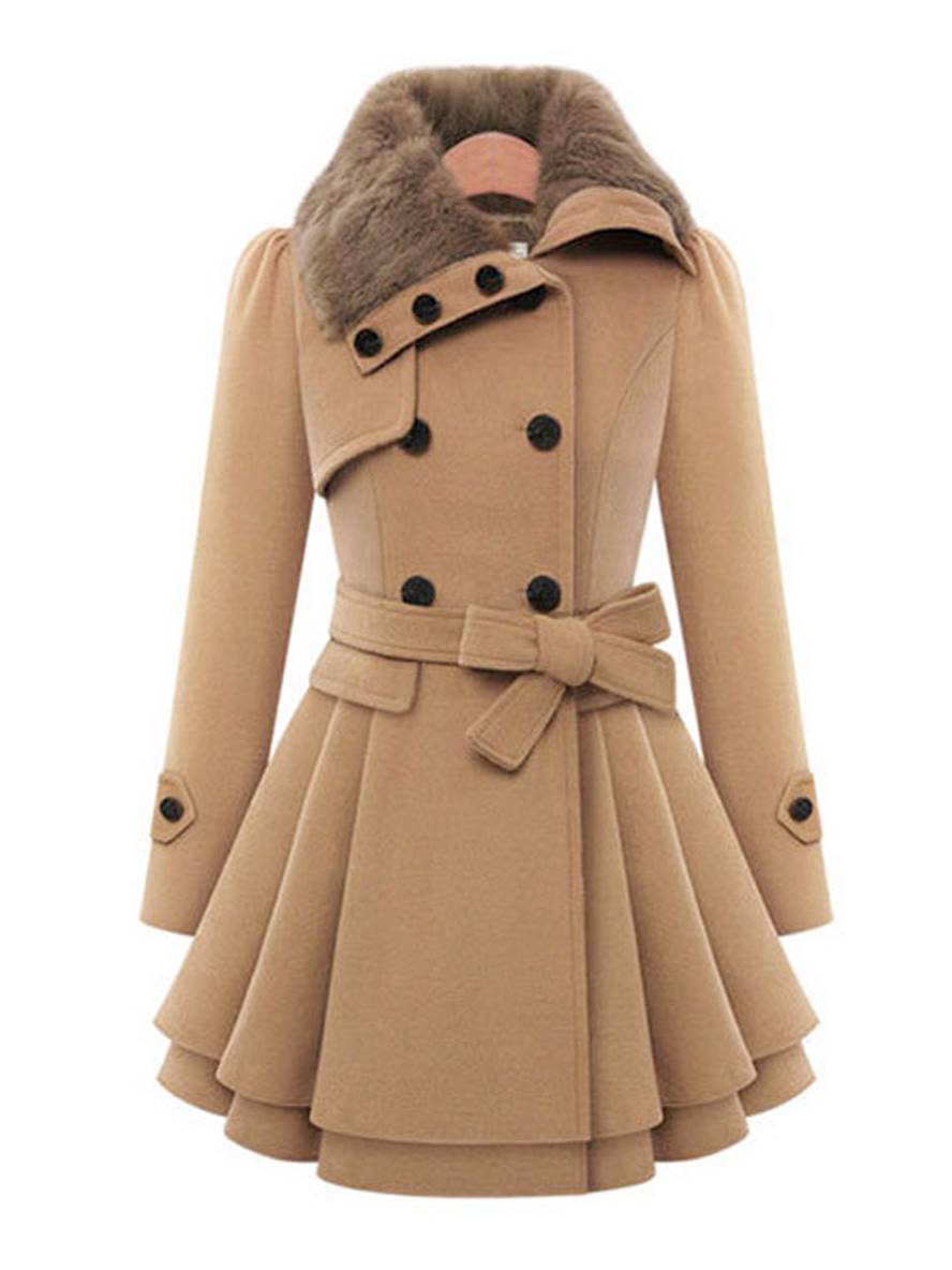 Aurohaya Elegant Double Breasted Faux Fur Collar Midi Coat with Belt for Women Winter Parka