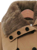 Aurohaya Elegant Double Breasted Faux Fur Collar Midi Coat with Belt for Women Winter Parka