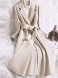 Aurohaya Long Cotton Coat Belted Oversized Women’s Lapel Collar Jacket with Pockets