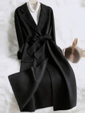 Aurohaya Long Cotton Coat Belted Oversized Women’s Lapel Collar Jacket with Pockets