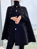 Aurohaya Wool Cape with Studded Details, Shirt Collar, Long Sleeves Elegant Vintage Women's Coat, Black