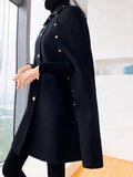 Aurohaya Wool Cape with Studded Details, Shirt Collar, Long Sleeves Elegant Vintage Women's Coat, Black