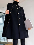 Aurohaya Wool Cape with Studded Details, Shirt Collar, Long Sleeves Elegant Vintage Women's Coat, Black