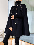 Aurohaya Wool Cape with Studded Details, Shirt Collar, Long Sleeves Elegant Vintage Women's Coat, Black
