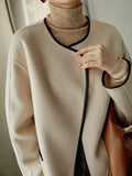 Aurohaya Elegant Wool Short Coat with Pockets and Round Collar for Women Stylish Winter Jacket