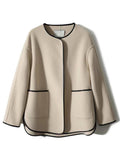 Aurohaya Elegant Wool Short Coat with Pockets and Round Collar for Women Stylish Winter Jacket