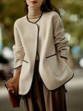 Aurohaya Elegant Wool Short Coat with Pockets and Round Collar for Women Stylish Winter Jacket