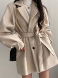 Aurohaya Elegant Wool Coat with Puff Sleeves, Belt, and Pockets for Women Winter & Fall Oversized Jacket