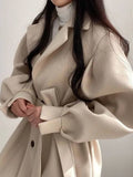 Aurohaya Elegant Wool Coat with Puff Sleeves, Belt, and Pockets for Women Winter & Fall Oversized Jacket