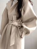 Aurohaya Elegant Wool Coat with Puff Sleeves, Belt, and Pockets for Women Winter & Fall Oversized Jacket