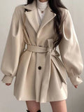 Aurohaya Elegant Wool Coat with Puff Sleeves, Belt, and Pockets for Women Winter & Fall Oversized Jacket