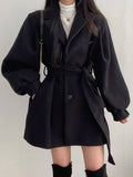 Aurohaya Elegant Wool Coat with Puff Sleeves, Belt, and Pockets for Women Winter & Fall Oversized Jacket