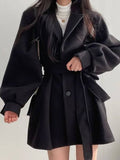 Aurohaya Elegant Wool Coat with Puff Sleeves, Belt, and Pockets for Women Winter & Fall Oversized Jacket