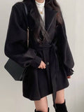 Aurohaya Elegant Wool Coat with Puff Sleeves, Belt, and Pockets for Women Winter & Fall Oversized Jacket