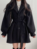 Aurohaya Elegant Wool Coat with Puff Sleeves, Belt, and Pockets for Women Winter & Fall Oversized Jacket