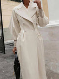 Aurohaya Elegant Audrey Hepburn Style Long Wool Coat with Double Breasted V Cut Collar for Women Vintage Fashion Winter Jacket