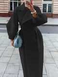 Aurohaya Elegant Audrey Hepburn Style Long Wool Coat with Double Breasted V Cut Collar for Women Vintage Fashion Winter Jacket