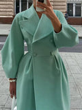 Aurohaya Elegant Audrey Hepburn Style Long Wool Coat with Double Breasted V Cut Collar for Women Vintage Fashion Winter Jacket