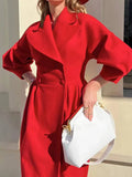 Aurohaya Elegant Audrey Hepburn Style Long Wool Coat with Double Breasted V Cut Collar for Women Vintage Fashion Winter Jacket
